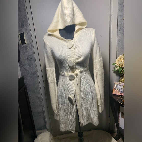Wet Seal Sweaters - Hooded Long Sleeve Ivory Sweater.